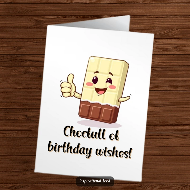 Funny Free Printable Birthday Card featuring a grinning chocolate bar character giving a victorious thumbs up, a delicious downloadable gift.