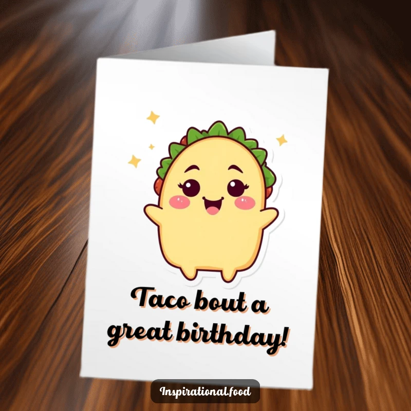 Funny Free Printable Birthday Card: Beaming taco character winking with a sprinkle of fun, ready to party.