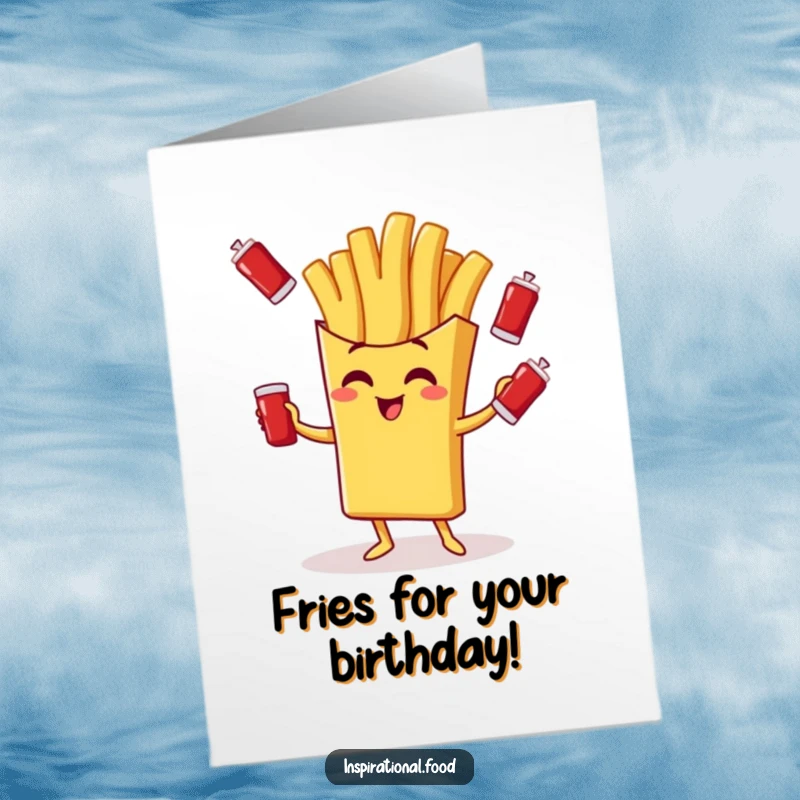 Funny Free Printable Birthday Card: Giggling french fry character juggling mini ketchup packets happily.