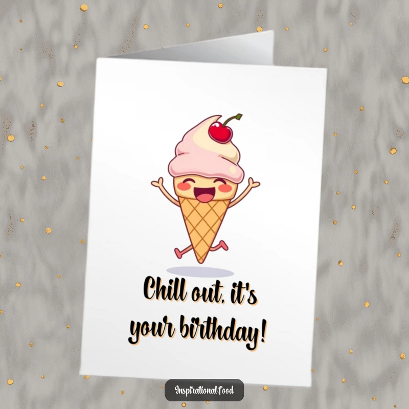 Funny Free Printable Birthday Card: A laughing ice cream cone hops joyfully with a cherry mid-air.