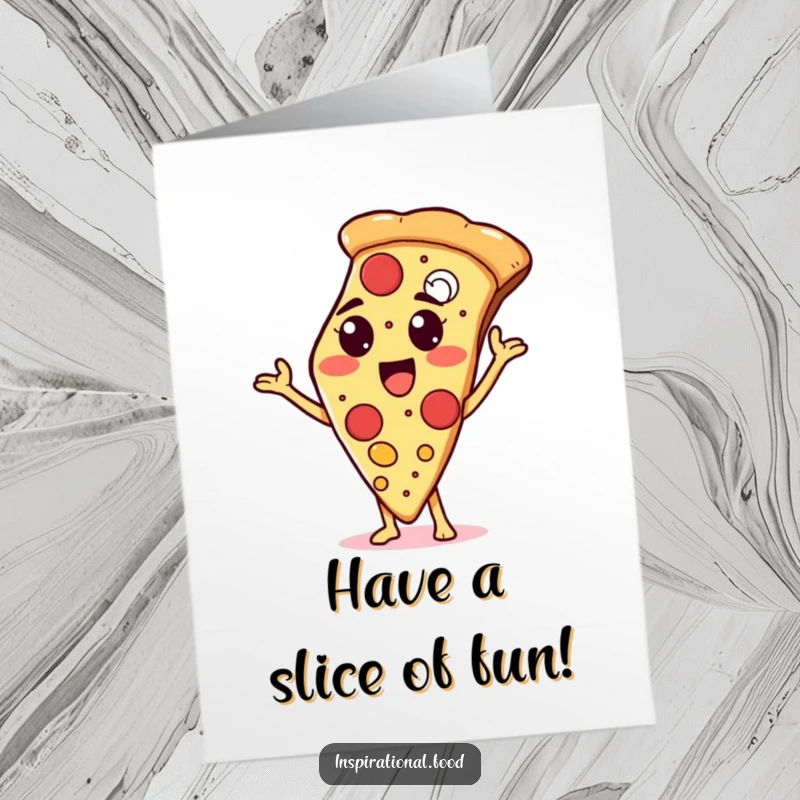 Funny Free Printable Birthday Card: A proud pizza slice character proudly displaying a vibrant array of delicious toppings.