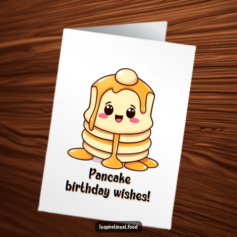 Funny Free Printable Birthday Card: Beaming pancake character with syrup pouring down its face.