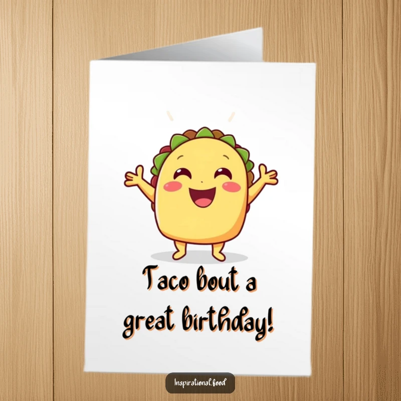 Funny Free Printable Birthday Card: Cheerful taco in a proud pose with shell open, celebrating a birthday with zest.