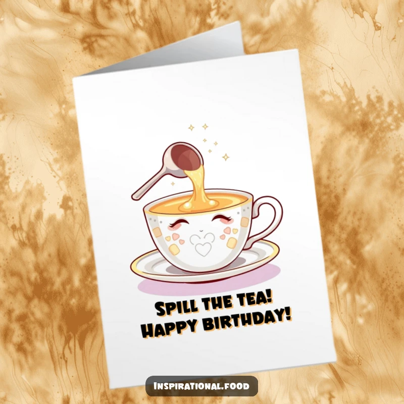 Funny Free Printable Birthday Card: Shining teacup character pouring ideas from a sparkling ladle, celebrating.
