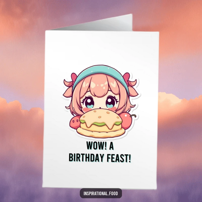 Funny Free Printable Birthday Card: A character with wide eyes gazing in awe at a fantastical, delicious food creation.