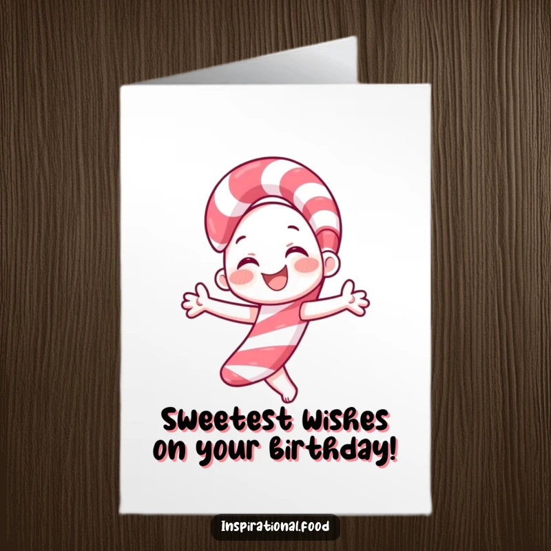 Funny Free Printable Candy Cane Birthday Card: A smiling candy cane character joyfully twirling, spreading festive cheer for a birthday.