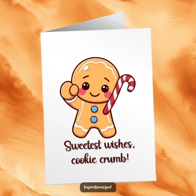 Funny free printable birthday card: A happy gingerbread cookie character waves a giant candy cane arm, ready to celebrate!