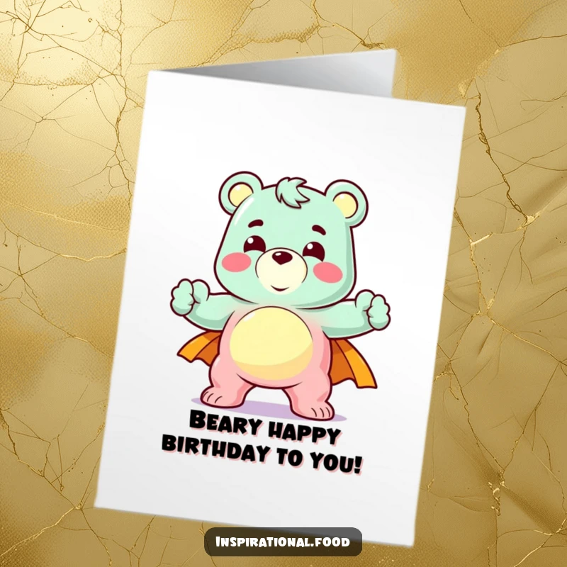 Funny Free Printable Birthday Card: A delighted gummy bear strikes a heroic pose, celebrating your special day.