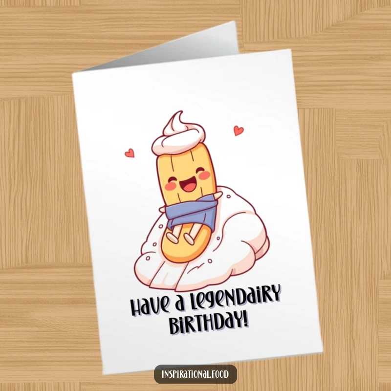 Funny Free Printable Birthday Card: Baguette character gleefully slides down a giant meringue mountain, celebrating a birthday.