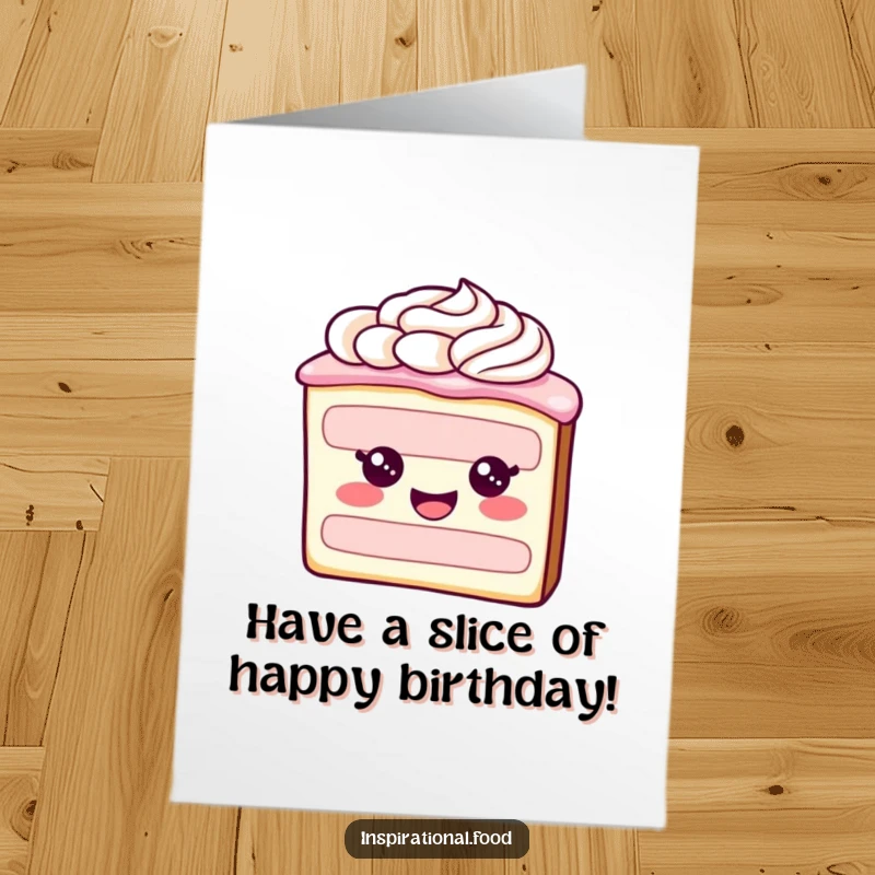 Funny Free Printable Birthday Card: A cheerful slice of cake character with beautifully swirling frosting.