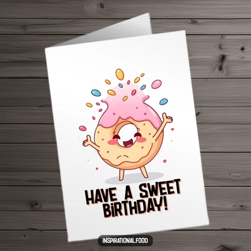 Funny Free Printable Birthday Card: Cheerful donut joyfully tossing a sugary cascade, celebrating a birthday.