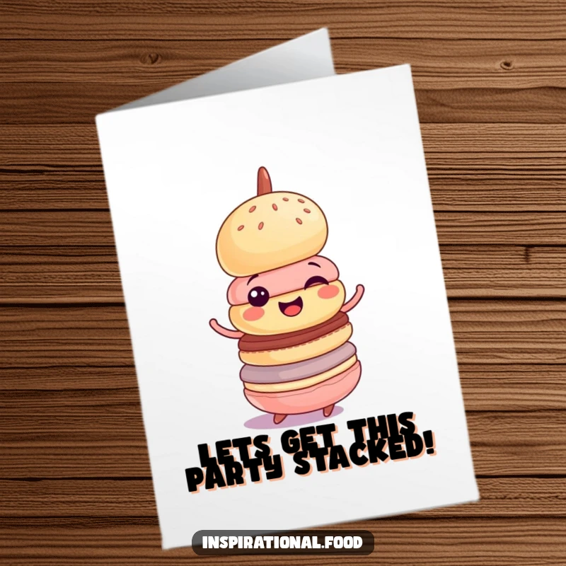 Funny Free Printable Birthday Card: A cheerful macaron tower does a delighted, wobbly spin, wishing happy birthday.