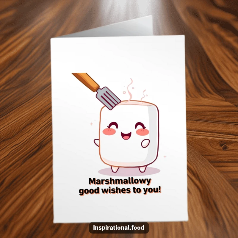 Funny Free Printable Birthday Card: Cheerful toasted marshmallow with rosy blush, ready to party and bring birthday laughs.