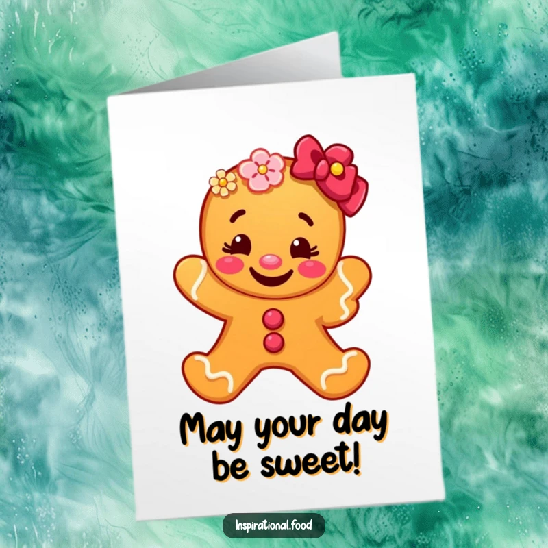 Funny Free Printable Birthday Card featuring a grinning gingerbread man offering a colorful bloom, perfect for a happy celebration.