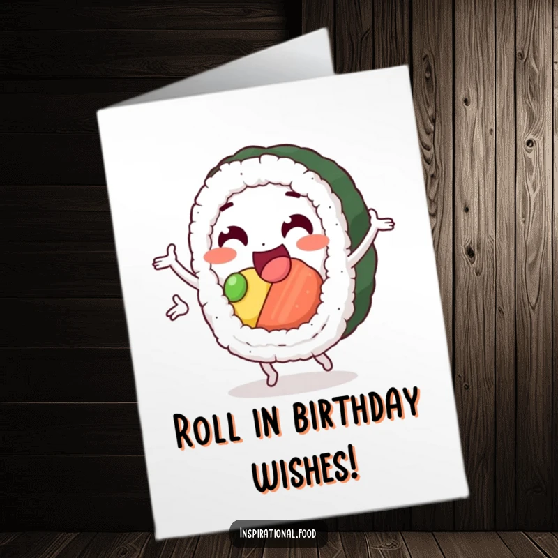 Funny Free Printable Birthday Card: Delighted sushi roll character performing a cheerful loop, full of energy.