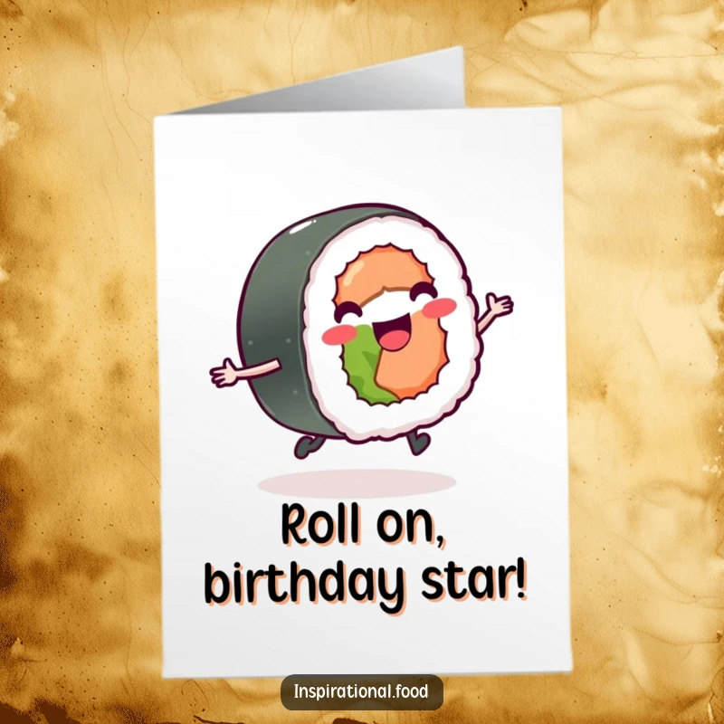 Funny Free Printable Birthday Card: Delighted sushi roll joyfully skipping with tiny legs, a celebration of fun.