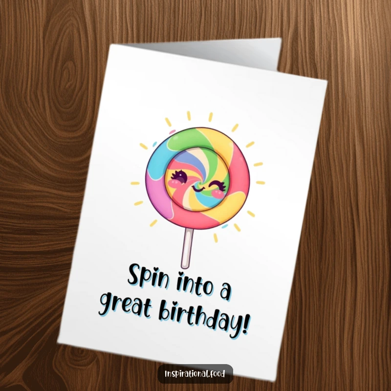 Funny Free Printable Birthday Card featuring a spinning lollipop character radiating vibrant creative energy, perfect for a colorful birthday wish.
