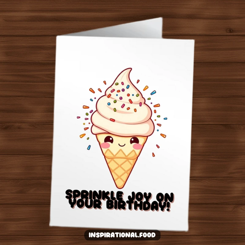 Funny Free Printable Birthday Card: A smiling ice cream cone erupting in a colorful sprinkle explosion.