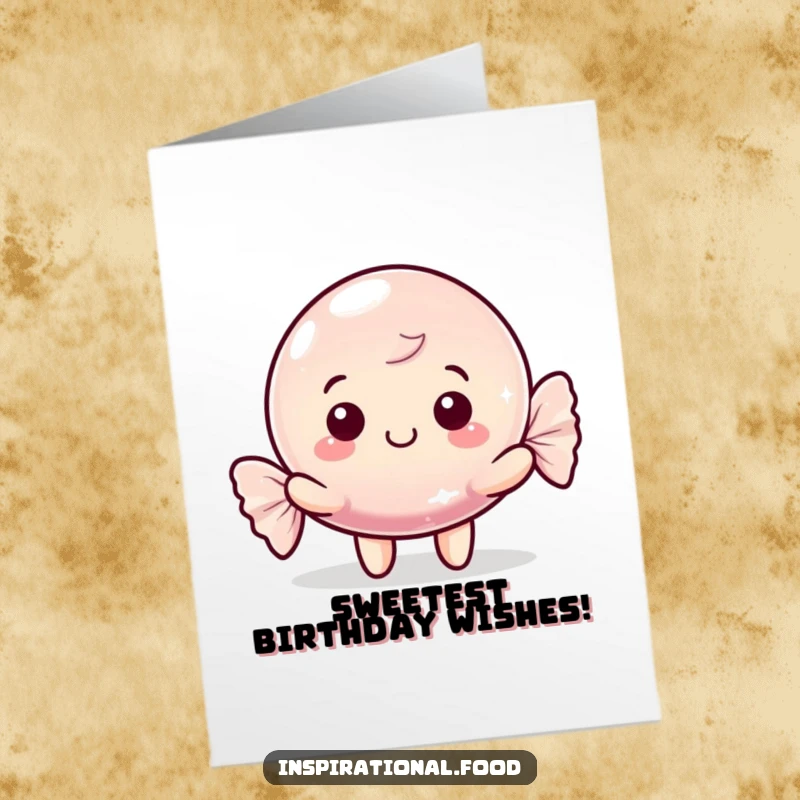 Funny Free Printable Birthday Card: Happy candy character with a shimmering wrapper, wishing sweet birthday wishes.