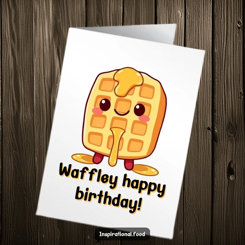 Funny Free Printable Birthday Card: A happy waffle character with syrup dripping down offers warm birthday wishes with a syrupy smile.
