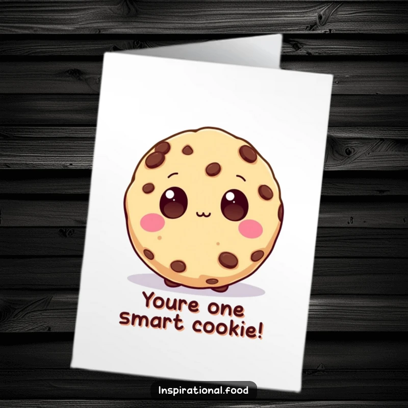 Funny Free Printable Birthday Card: Beaming cookie character with wide chocolate chip eyes, radiating creative inspiration and birthday wishes.