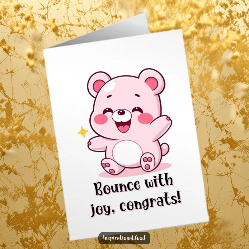 Free printable congratulations card with a grinning gummy bear bouncing energetically, a fun and celebratory gift.