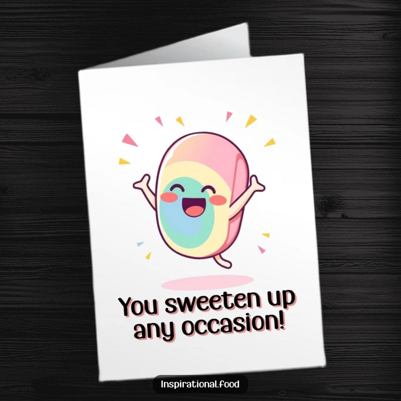 Funny free printable candy congratulations card featuring a gleeful candy character doing a flamboyant, celebratory flourish in honor of success.