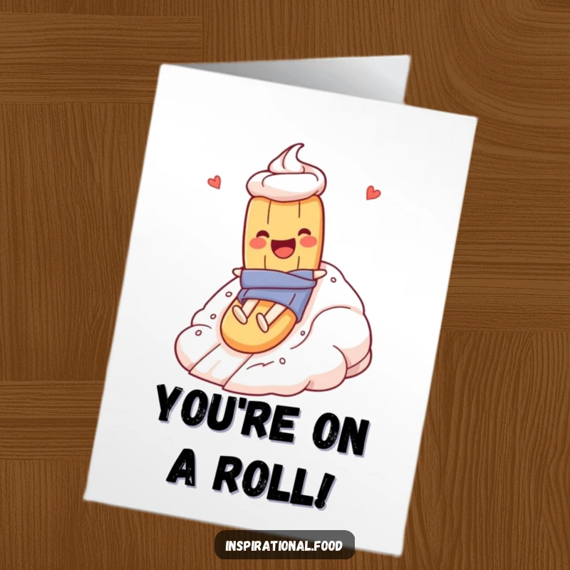 Funny Free Printable Congratulations Card: Baguette character gleefully rides down a meringue mountain, celebrating an achievement.