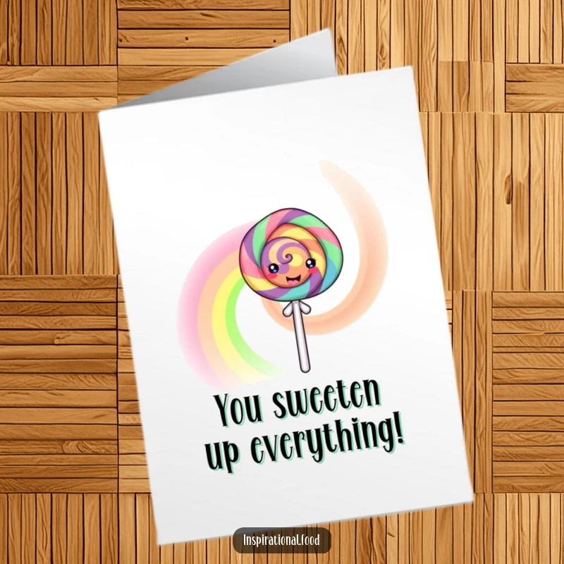 Funny Free Printable Congrats Card: Joyful lollipop character creating a dazzling rainbow, celebrating a fantastic achievement.