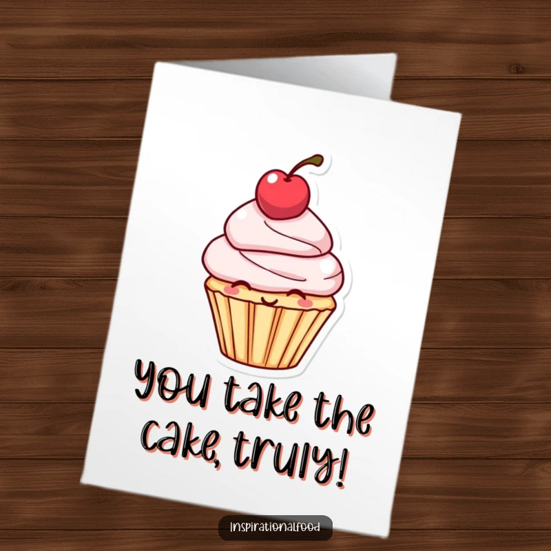 Funny Free Printable Congratulations Card: Smiling cupcake character balancing a cherry, a sweet and humorous downloadable greeting for any occasion.