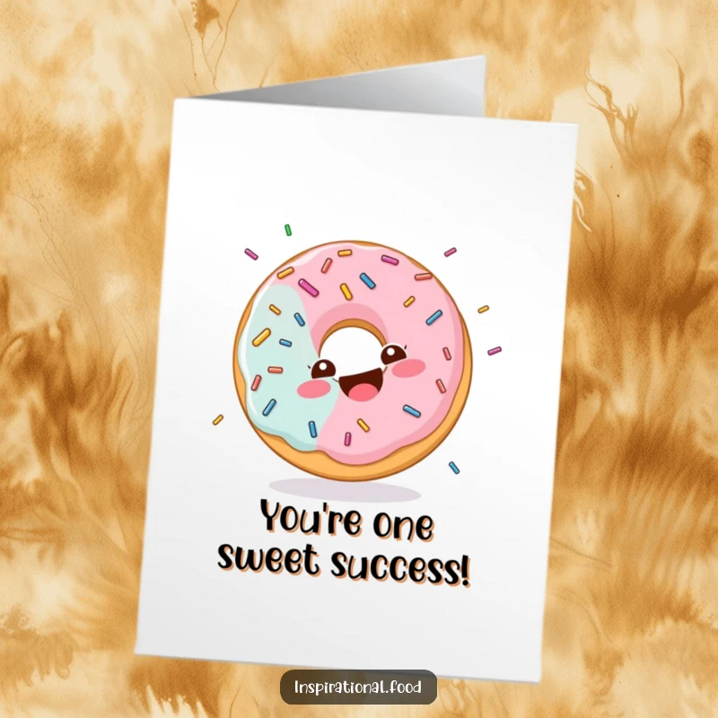 Funny Free Printable Congratulations Card: A giggling donut character enjoys a shower of sprinkles, celebrating a big achievement.