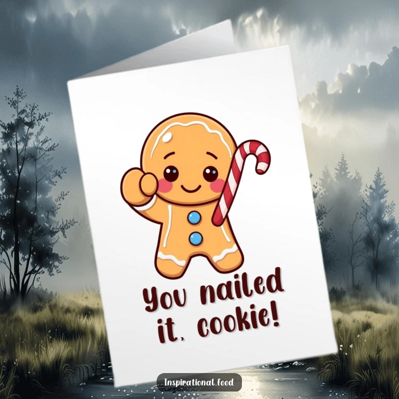 Funny free printable congratulations card: A joyful gingerbread cookie waves a candy cane, sending happy wishes for their achievement.