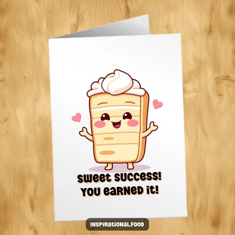 Funny Free Printable Congratulations Card: A giggling cake slice character holding a recipe, celebrating a sweet victory.
