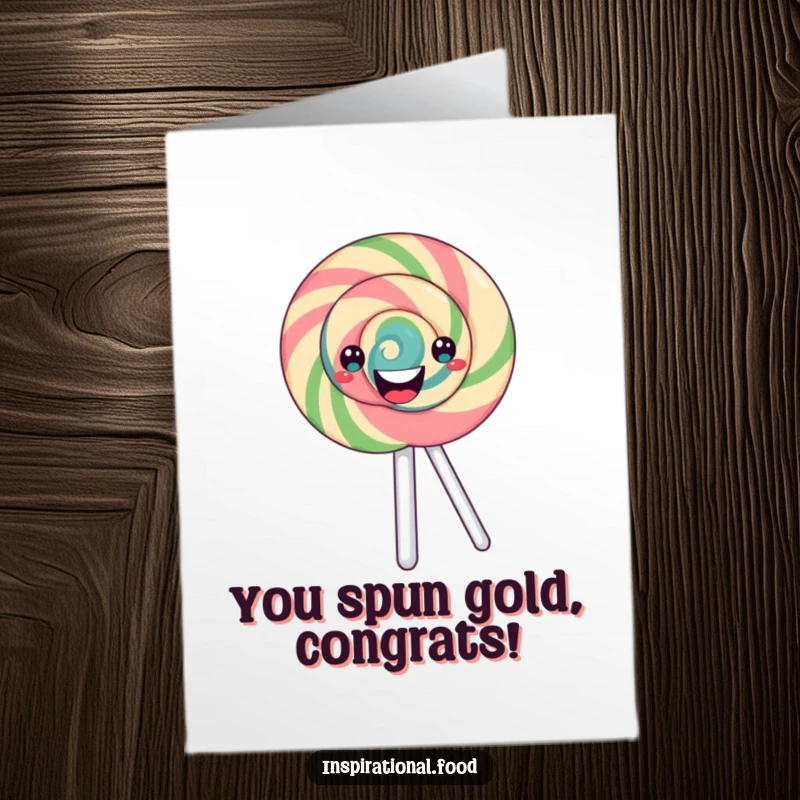 Funny Free Printable Congratulations Card: A happy, swirling lollipop character showcasing a sweet grin for any achievement.
