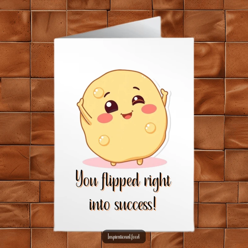 Funny Free Printable Congratulations Card: A smiling pancake character triumphantly flips to celebrate an achievement.