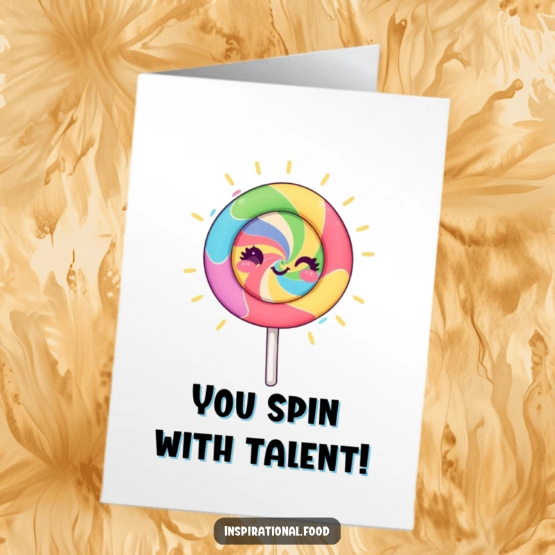 Funny Free Printable Congratulations Card showing a vibrant lollipop character spinning and radiating creative energy for a special achievement.