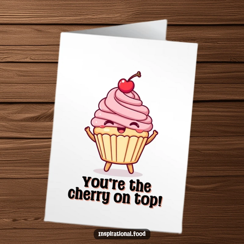 Funny Free Printable Congratulations Card: A happy cupcake with a cherry on top doing a joyful bounce, celebrating good news.