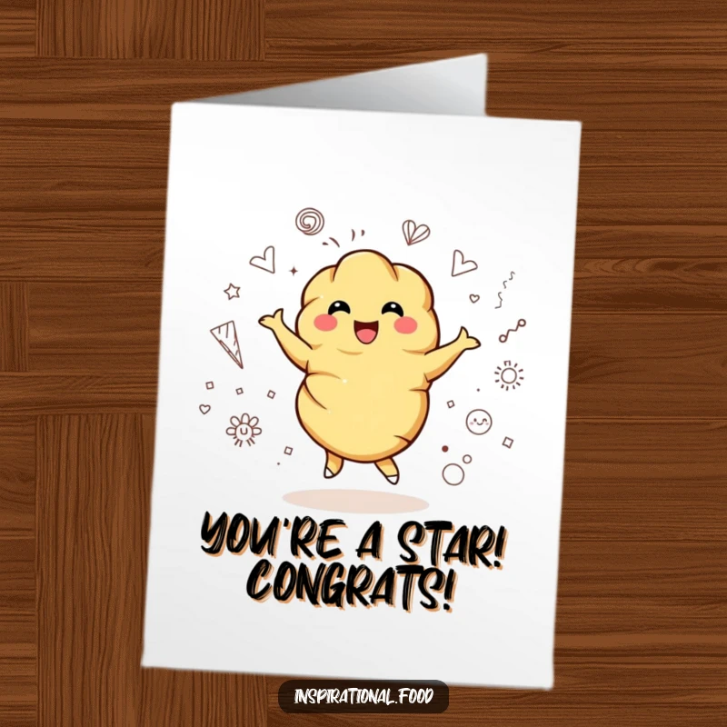 Funny Free Printable Congratulations Card: Bubbly croissant character joyfully twirling surrounded by creative artistic doodles.