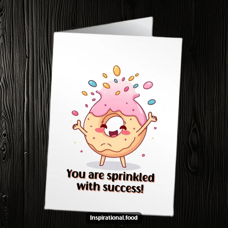 Funny Free Printable Congratulations Card: Cheerful donut joyfully tossing a sugary cascade, celebrating an achievement.