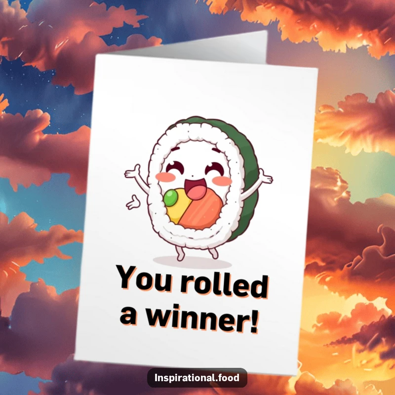 Funny Free Printable Congratulations Card: Delighted sushi roll character performing a cheerful loop, celebrating a win.