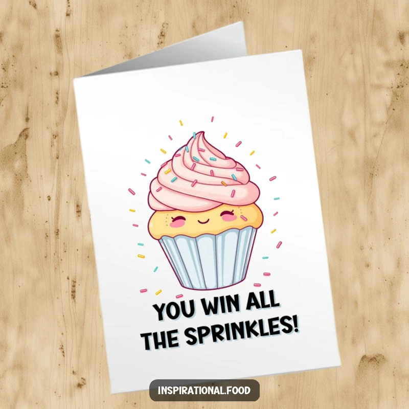 Funny Free Printable congratulations card featuring a happy cupcake dreaming of a delightful candy sprinkle shower, perfect for celebrating.