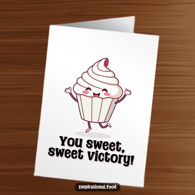 Funny Free Printable Congrats Card: Playful cupcake character doing a happy, sugary dance, a sweet downloadable celebration.