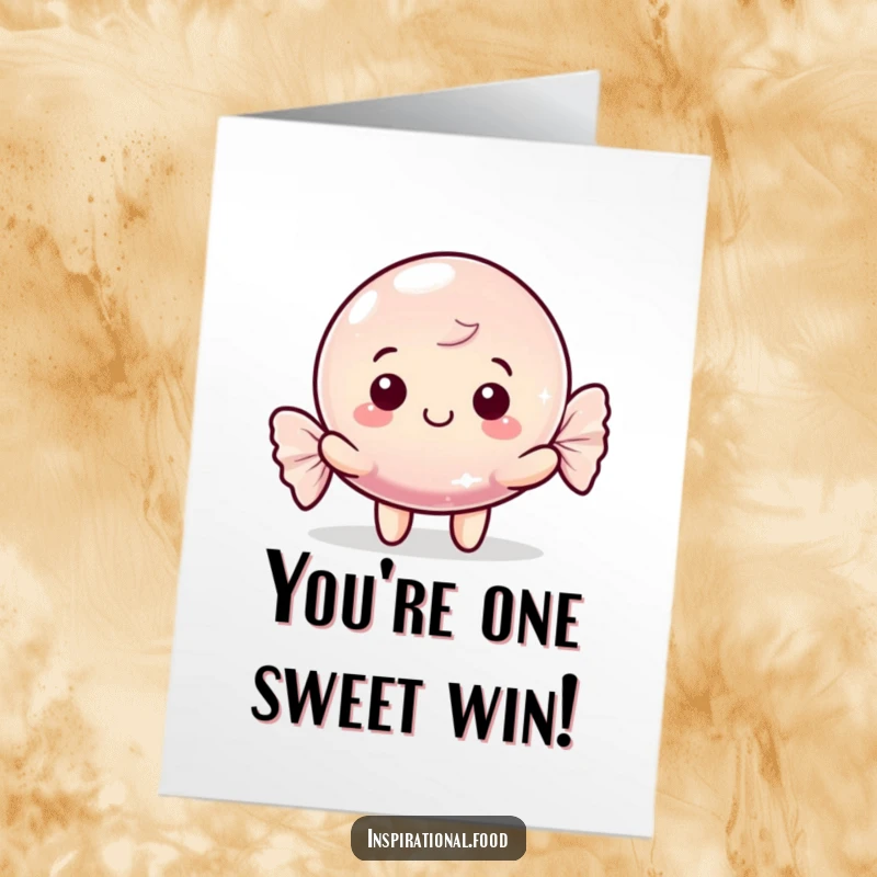 Funny Free Printable Congratulations Card: Happy candy character with a shimmering wrapper, celebrating sweet success.