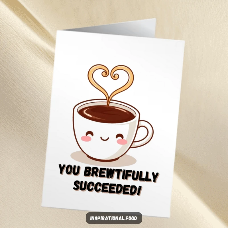 Funny Free Printable Congratulations Card: A coffee cup character with steam artfully shaped into a heart expresses warm congratulations.