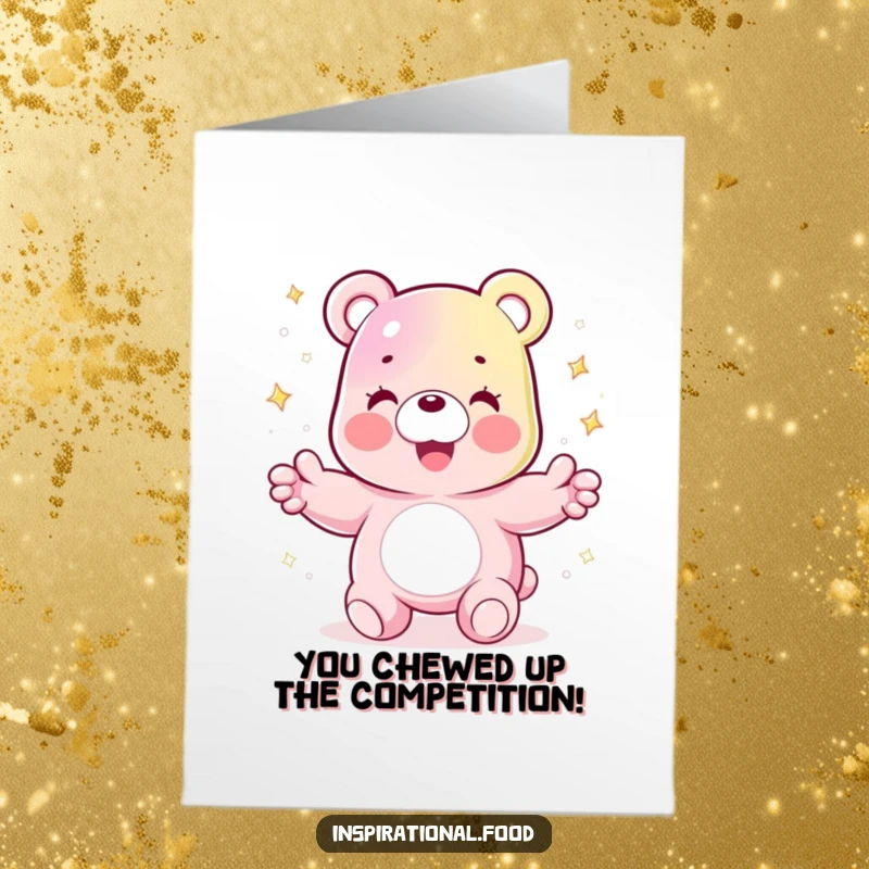 Funny Free Printable Congrats Card: Joyful gummy bear juggling sparkling sugar crystals, a sweet downloadable celebration.
