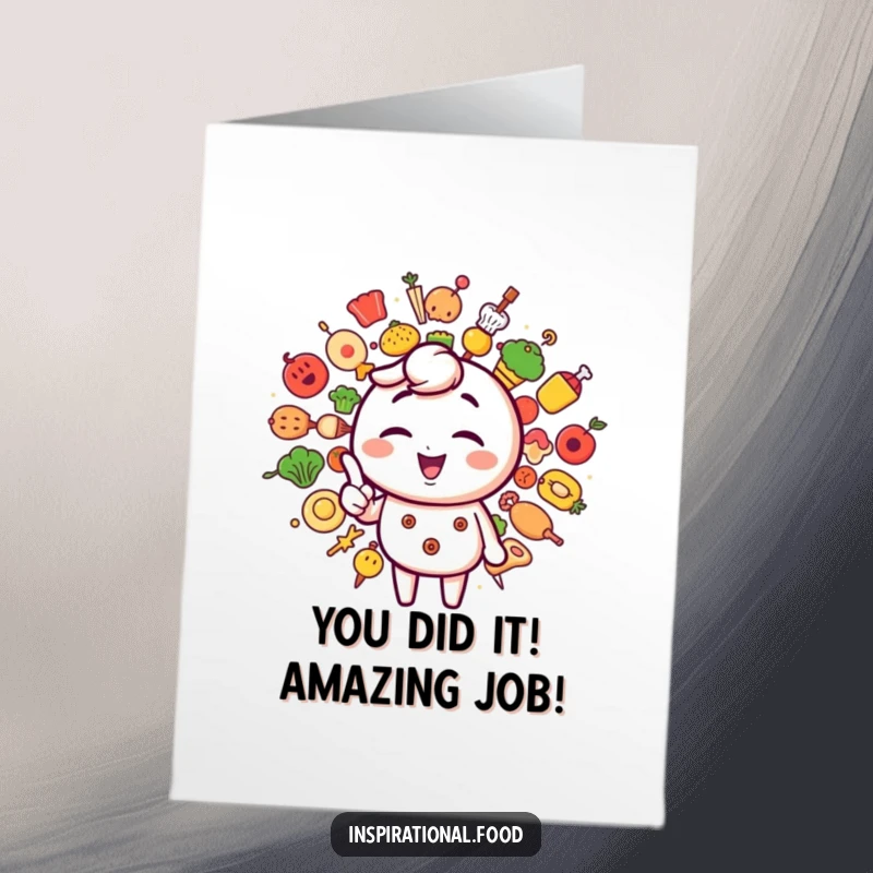 Funny Free Printable Congrats Card: Winking character highlights tasty food icons for your celebration.