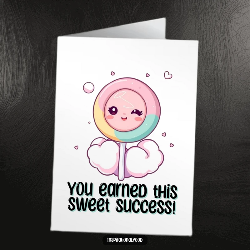 Funny Free Printable Congratulations Card: Dreamy lollipop character floating on cotton candy, celebrating an achievement joyfully.
