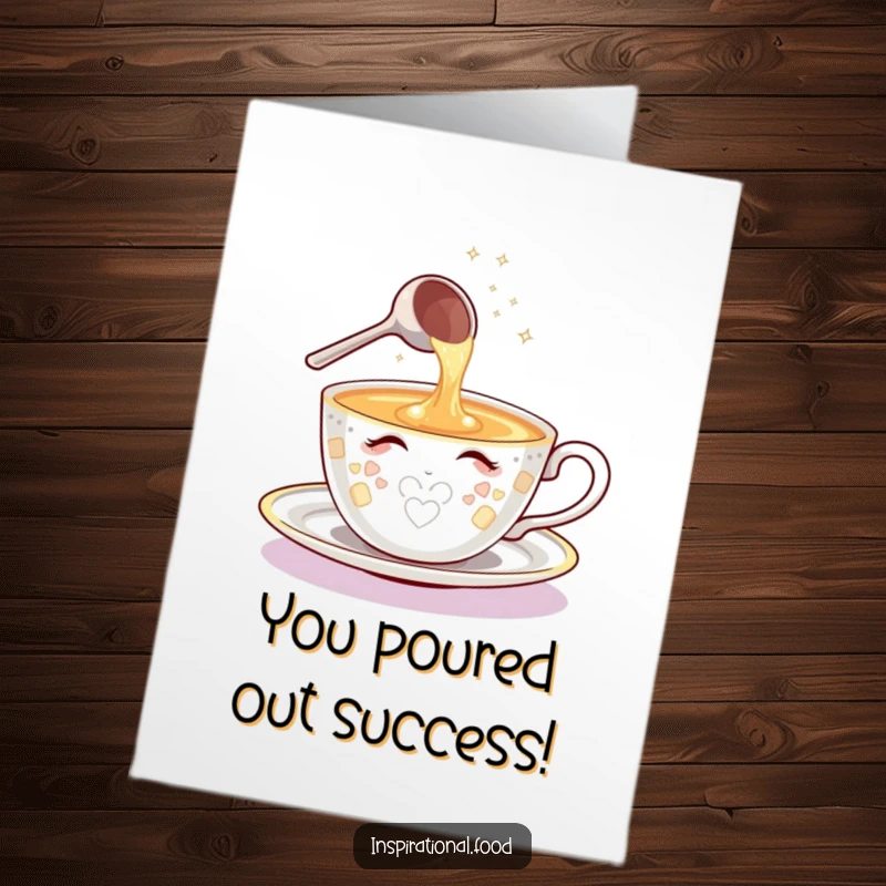 Funny Free Printable Congratulations Card: Shining teacup character pouring a cascade of ideas from a sparkling ladle.