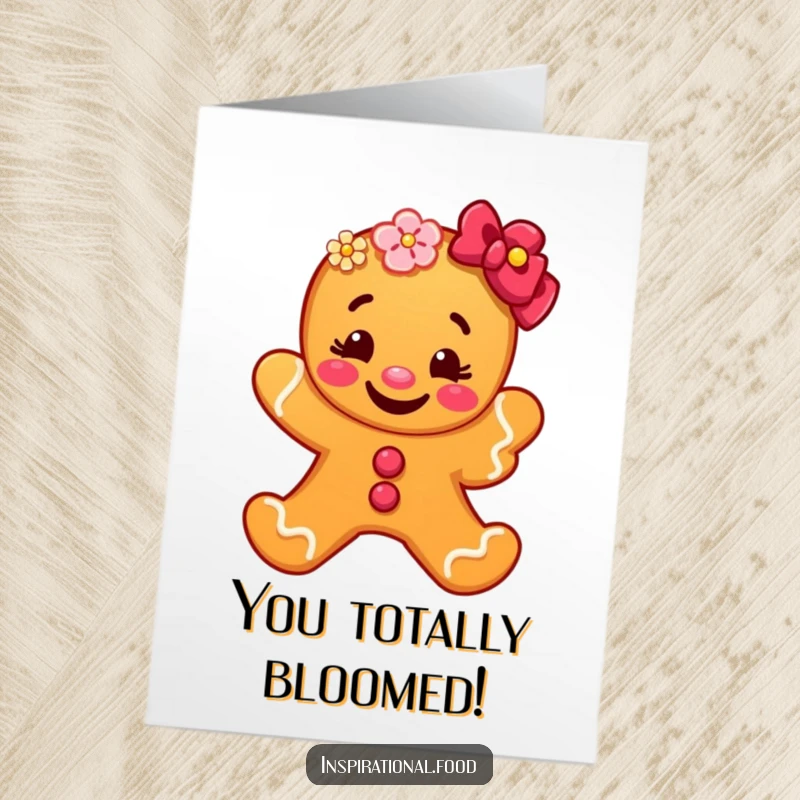 Funny Free Printable Congratulations Card with a grinning gingerbread man presenting a vibrant flower, ideal for sharing good news.
