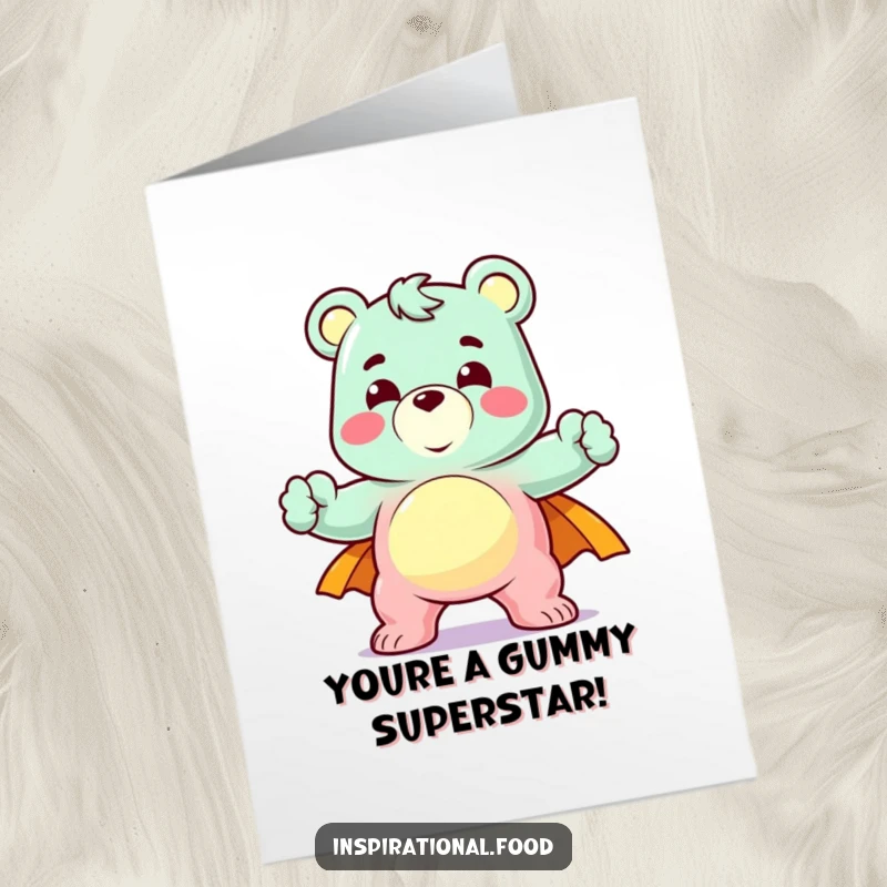Funny Free Printable Congratulations Card: A delighted gummy bear strikes a heroic pose, celebrating your incredible accomplishment.